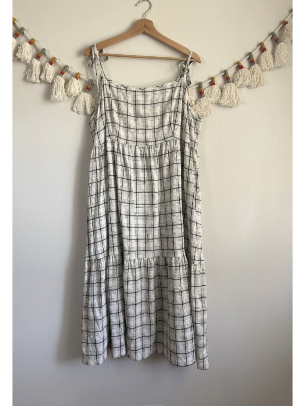 NLT Luca Plaid Linen Blend Tie Straps Tiered Midi Flowy Dress Cottage Coastal